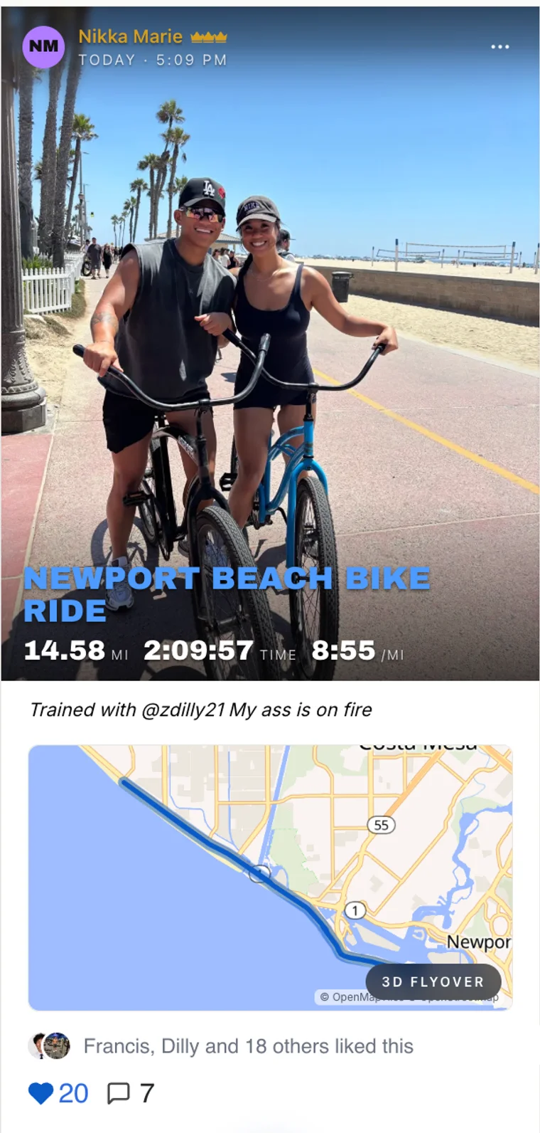 An Elefint feed post of a Newport Beach bike ride with route map, likes, and comments